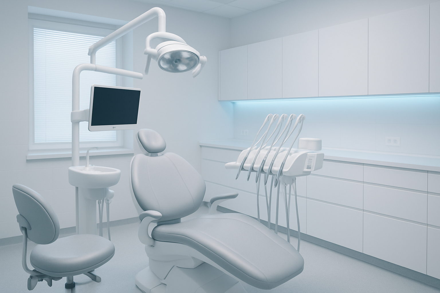 Professional dental clinic interior with modern equipment clean white surfaces and soft blue lighting creating a calm painfree environment